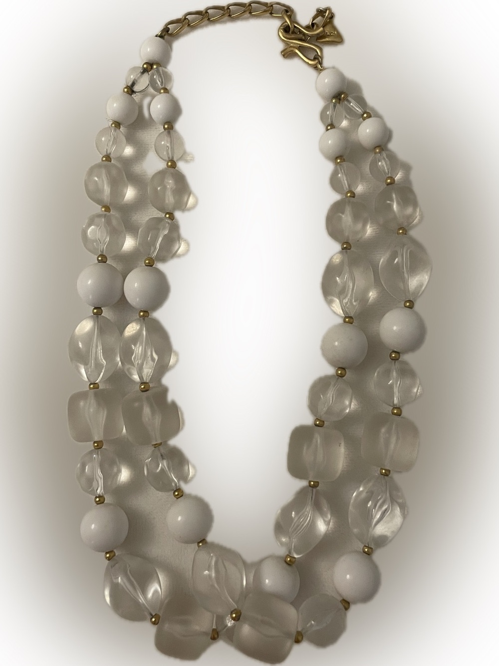 White and Clear Beaded Necklace with Gold Accents